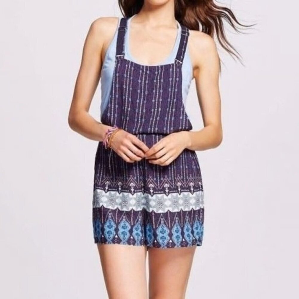 Xhilaration Romper Boho Overalls Shorts Juniors XL Navy Ikat Purple Blue NWT